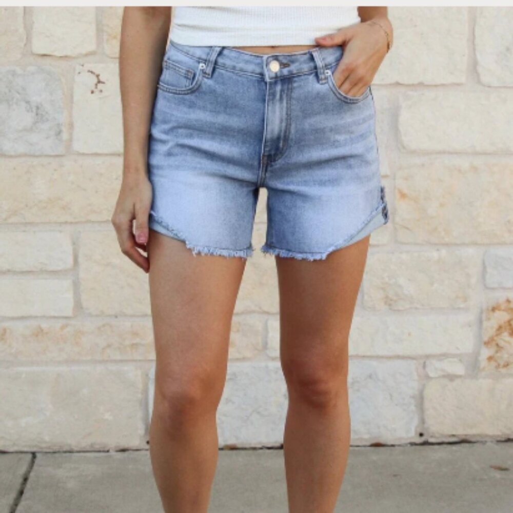 Drop Hem Denim Shorts in Light Mid-Wash